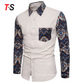 2019 spring and autumn Men's cotton and linen printed long-sleeved shirt men's linen shirt